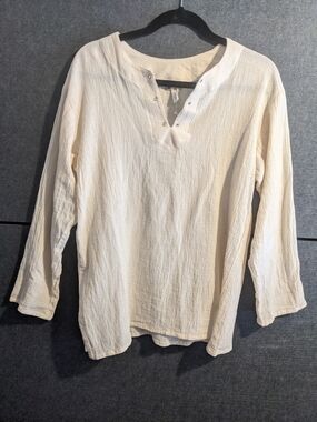 Women's Cream Long-Sleeve Textured Henley Blouse